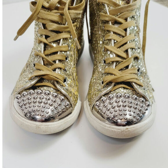 MIU MIU Gold Glitter High Tops w Silver Studded Cap Toe Sneakers, sz 38 EU/ 8 US - Picture 5 of 16